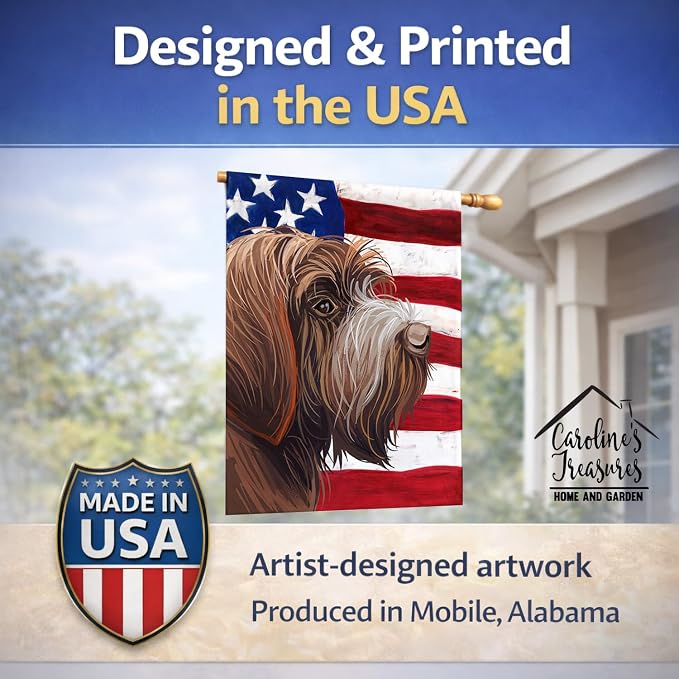 Caroline's Treasures CK6757CHF Wirehaired Pointing Griffon American Flag House Flag Large Porch Sleeve Pole Decorative Outside Yard Banner Artwork Wall Hanging, Polyester, House Size, Multicolor