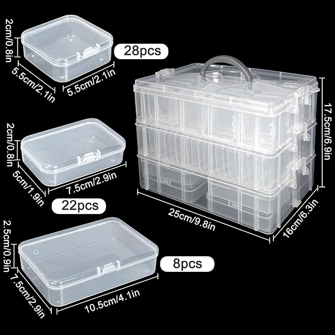 Guyuyii 58 PC Bead Storage Containers with Label Stickers & Portable Handle | for Craft Supplies, Jewelry Making, Diamond Painting | Stackable 3-Tier Case, Compatible with Seed Beads, Earrings, Sewing