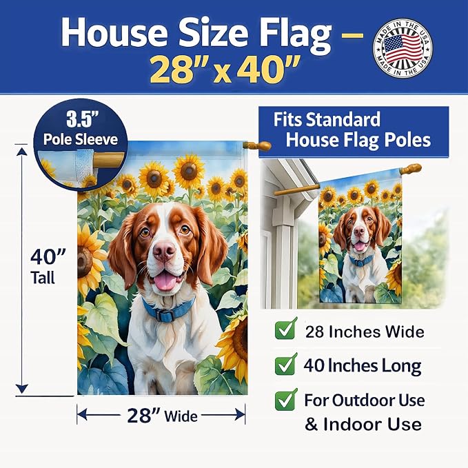 Caroline's Treasures DAC6040CHF Brittany Spaniel in Sunflowers House Flag Large Porch Sleeve Pole Decorative Outside Yard Banner Artwork Wall Hanging, Polyester, House Size, Multicolor