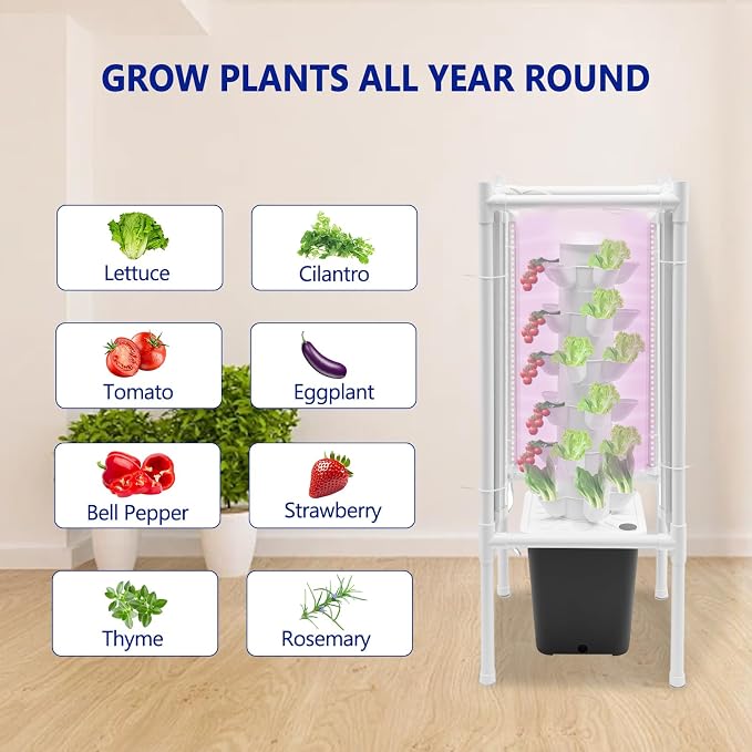 Hydroponic Tower Growing System Kits with LED Grow Lights 30 Pods Indoor Vertical Planter Germination Kit 6 Layers Hydroponic Tower for Fruits, Vegetables, Herbs, and Miniature Greens (Gray)
