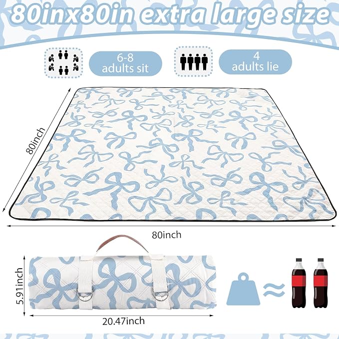 SmoothNovelty Blue Bow Picnic Blanket 80'' x 80'' Waterproof Extra Large Camping Blanket Coquette Picnic Mat Foldable Portable Preppy Outdoor Beach Mat with Carry Strap for Outdoor Grass Lawn Park