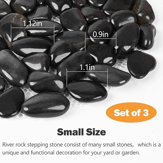 River Rock Stepping Stones Outdoor for Garden Walkway, 12 inch Diameter 3 Pcs Round Shape Paver Step Stones Polished Pebble River Stone Mat for Yard Lawn Patio Pathway Walk Way - Black