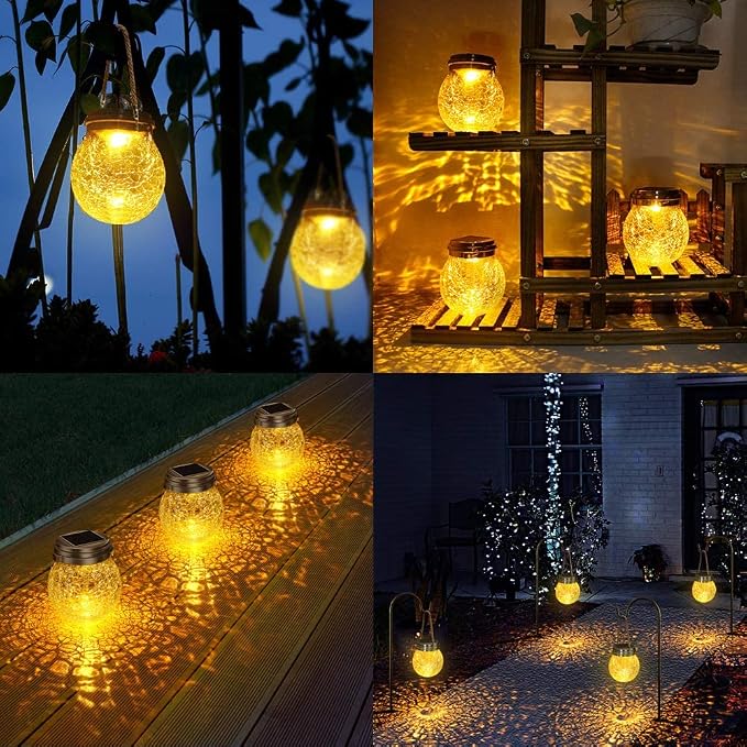 DBF Solar Lanterns Outdoor Waterproof, 4 Pack Hanging Solar Lights Outdoor Garden Decor, Amber Warm & RGB LED Globe Cracked Glass Ball Lantern for Yard Tree Fence Patio Porch Events Deck Pathway