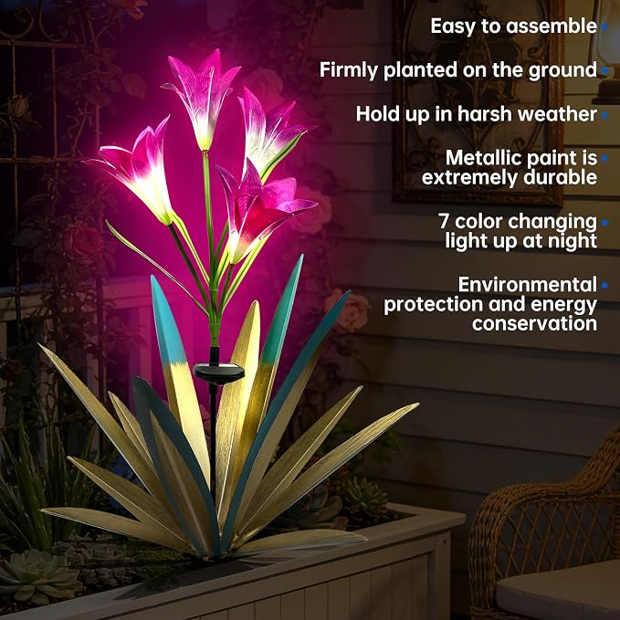 Homight Solar Metal Agave Lily Flower Garden Sculpture with LED Lights 30.3 Inch Waterproof Outdoor/Indoor Yard Decor Handmade Lawn Ornament Gift for Family Friends (2, Blue)
