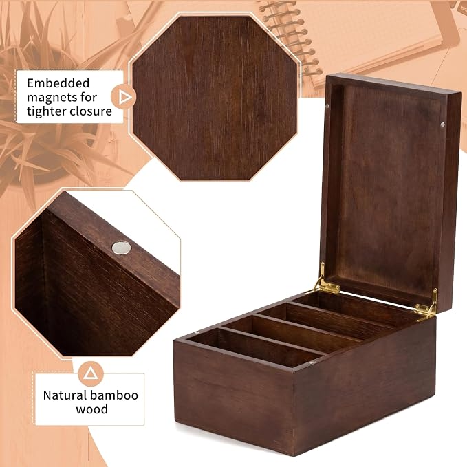 Henoyso 4 x 6 Inch Index Card Holder Set, Bamboo Index Cards Organizer, 50 Pcs Dividers 2 Sheets Alphabet Number Stickers File Note Holders for Office Business Classroom, Brown