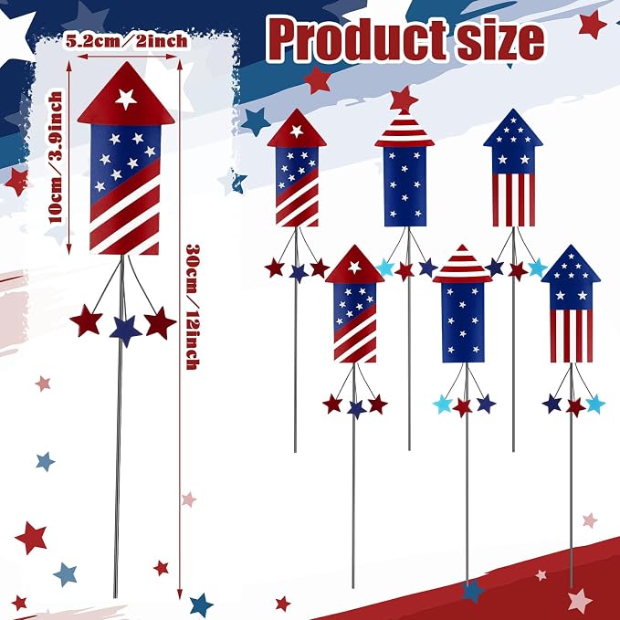 Pickmesh 6 Pcs 12" H 4th of July Outdoor Decor Patriotic Yard Decor Fireworks Red White Blue Metal Yard Sign Garden Stake 250th Anniversary USA Flag Rocket American for Independence Day Decoration
