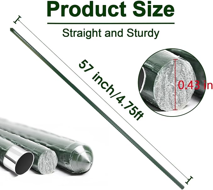 Garden Stakes 57 Inch, Approx 5ft Steel Plant Stakes 25 Pack for Gardening and Farm, 57" Plastic Coated Plant Support for Tomato, Cucumber, Bean, Flower, Potted More Climbing Plants