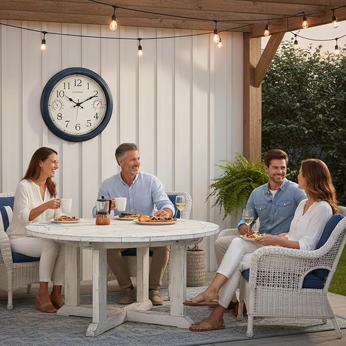 Crosstime 16 Inch Large Outdoor Clock Waterproof with Thermometer & Hygrometer Combo, Coastal Retro Wall Clock for Patio, Pool, Garden, Backyard Decor, Blue