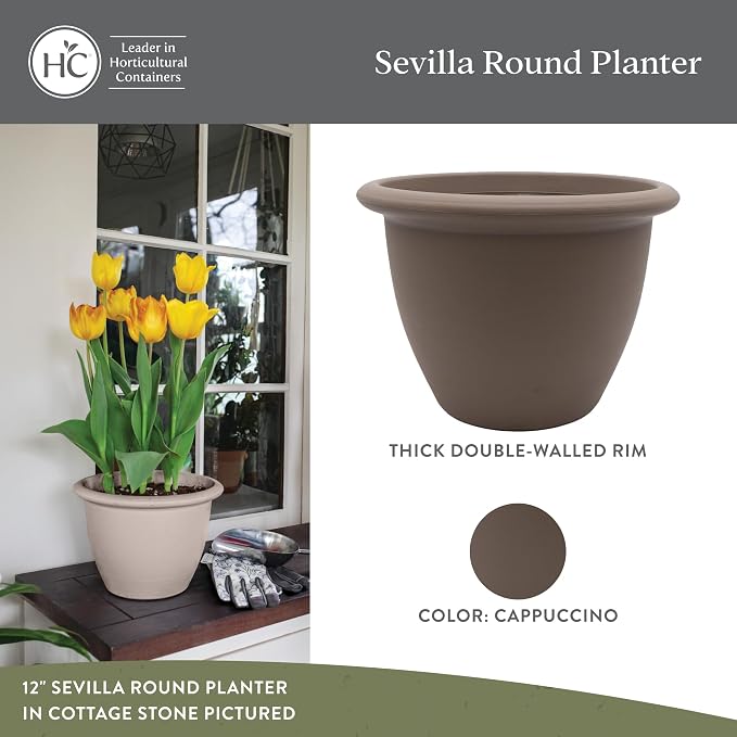 The HC Companies Sevilla Flower Planters - Durable Outdoor & Indoor Planter - Round Lightweight Self Watering Plant Pots for Herbs & More (16" Cappuccino, Pack of 1)