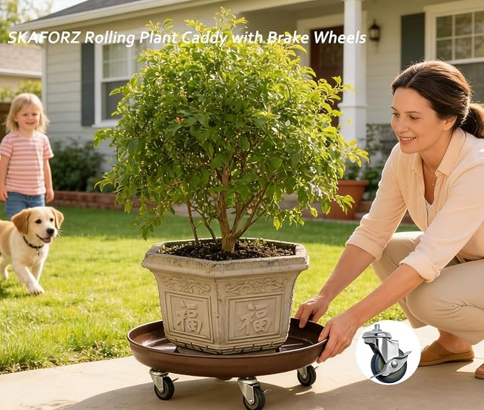 Rolling Planter Caddy(430lbs Capacity), Heavy Duty Metal Plant Stand with Brake Wheels Plant Dolly Mover Plant Pot Tray Saucer for Indoor Outdoor 16inches Copper,2Pack