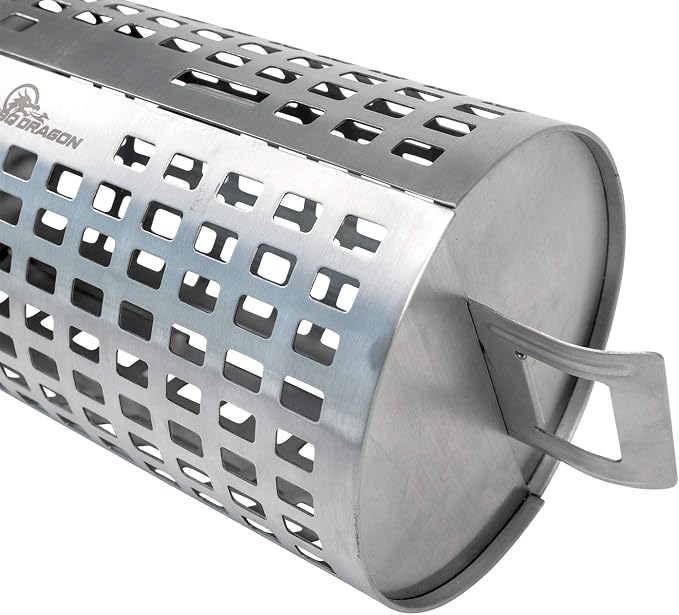 BBQ Dragon Rolling Grill Basket – Large Stainless Steel with Snap-Close Lid, Dishwasher Safe for Vegetables, Fish, and Meat