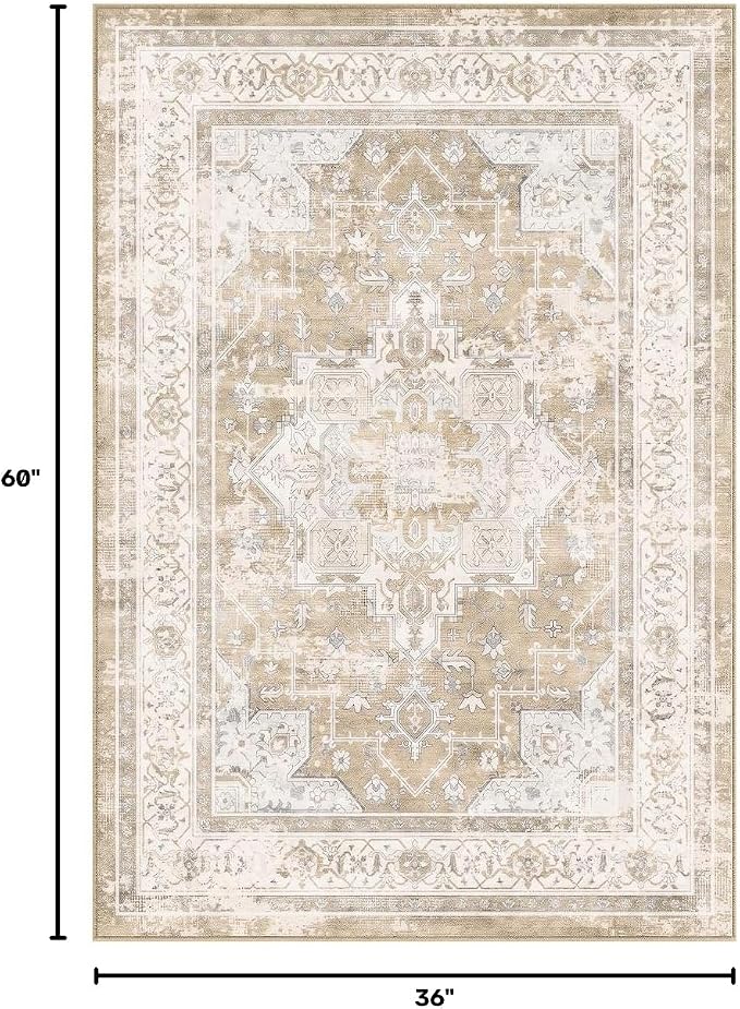 Vintage Area Rug 3x5 Ft Washable Rugs for Entryway Indoor | Beige Non Slip Kitchen Rug Printed Faux Wool Throw Rugs, Neutral Modern Indoor Mat for Entrance Bedroom Office Home Decor