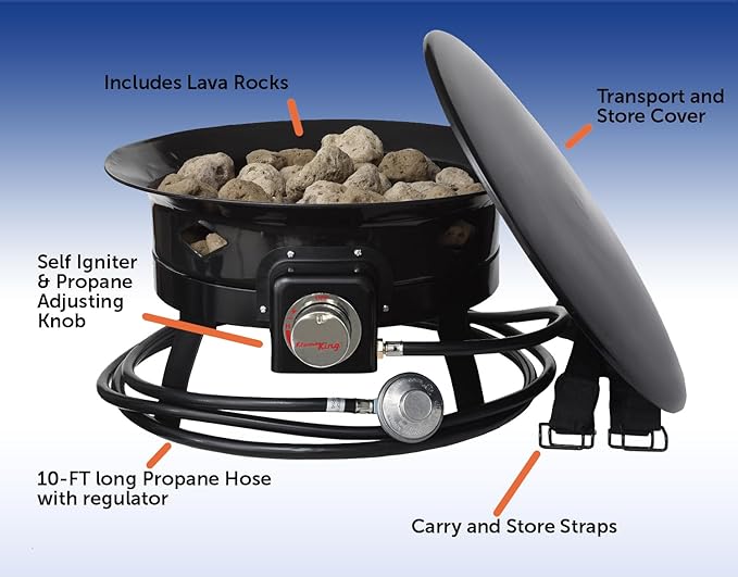 Flame King Smokeless Propane Fire Pit, 19-inch Portable Firebowl, 58K BTU with Self Igniter, Cover, & Carry Straps for RV, Camping, & Outdoor Living