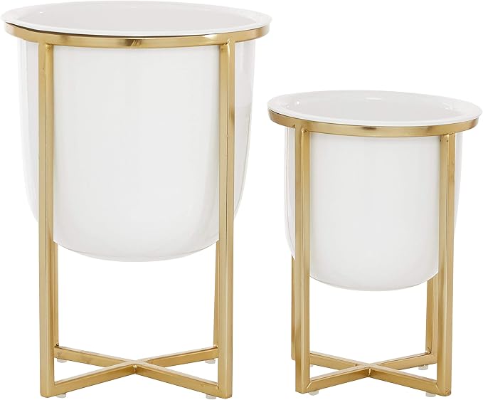 CosmoLiving by Cosmopolitan Metal Indoor Outdoor Planter Dome Small Planter Pot with Gold X-Shaped Stands, Set of 2 Planters 12", 10"H, White
