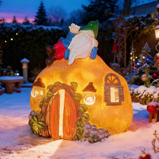 Garden Gnomes Fairy Houses Decorations Solar Statues, Outdoor LED Lights Waterproof Ornaments for Backyard Patio Lawn, Christmas Mother's Day Housewarming Gifts for Women