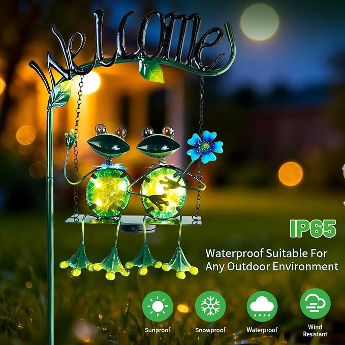 Solar Lights Outdoor Waterproof, Frog Swing Garden Decor, Frog Decorative Stake with Welcome Sign Landscape Patio Yard Gifts for Women Mom (48 inch)