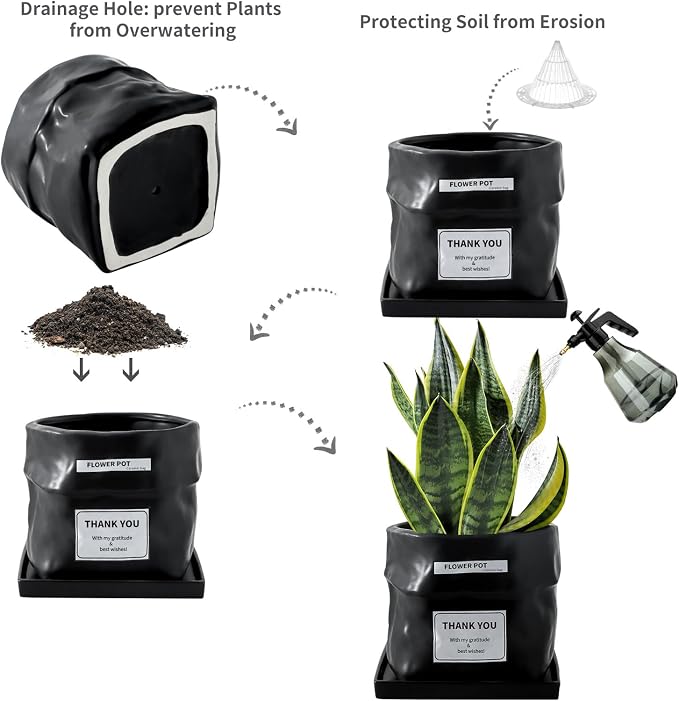 Nihow 8 Inch Ceramic Plant Pot with Drainage & Square Saucer,Black | Bag Shape Design,Indoor & Outdoor,Living room/Office/Bedroom/Windowsill/Tabletop,Plant Lovers/Gardeners/Beginners