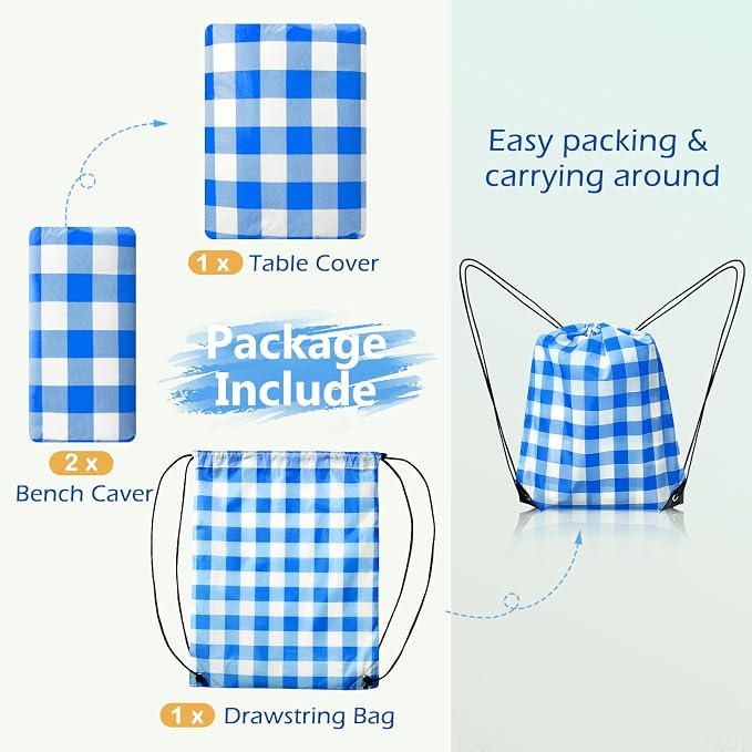 Picnic Table Cover with Bench Covers and Bag, Camping Table Camping Essentials Cover with Elastic Edges, 72x30 Inches 3 Pcs Set (Blue)