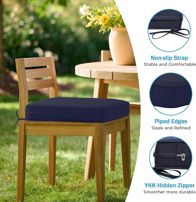 19 x 19 Inch Sunbrella Outdoor Chair Cushions with Tie Straps, Set of 4 Thick Water Repellent Square Patio Chair Pads for Garden Lawn Patio Furniture, Canvas Navy
