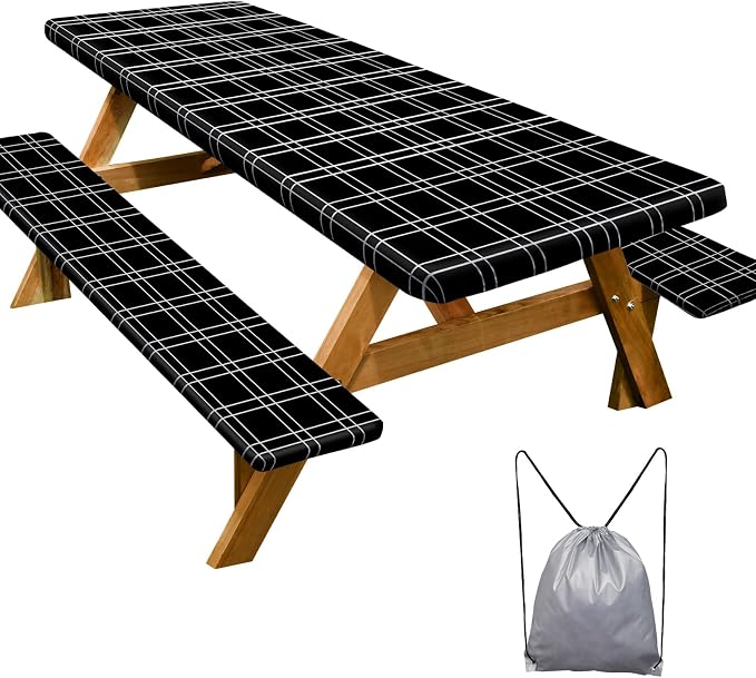 Play Tailor Picnic Table Cover with Bench Covers Camping Essentials Waterproof Windproof Camping Tablecloth with Drawstring Bag, Fitted Rectangle Tables and Seats, 96in, Black Checkered