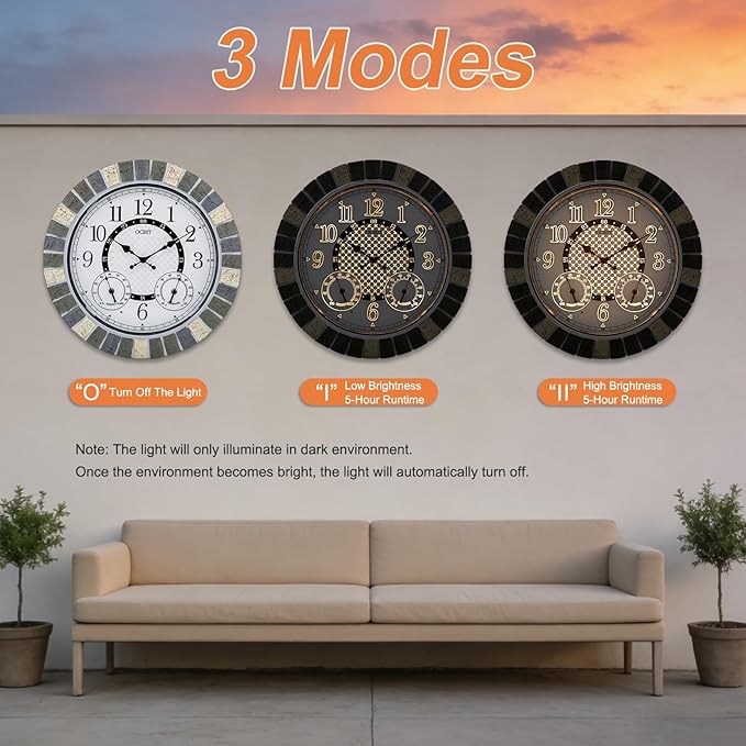 OCEST 18 Inch Outdoor Wall Clock with Night Light, Waterproof Thermometer & Hygrometer Combo, Battery Operated Silent Non-Ticking Large Patio Clock for Garden, Pool, Porch (Rustic Gray)