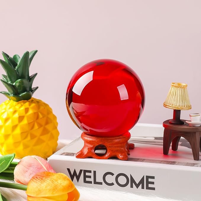 Small Red Crystal Ball 60mm/2.3 inch with Rose Wooden Stand and Gift Box for lensball Photography,Fortune Teller,Feng Shui, Witchcraft Decor,Scrying,Magic,Crystal Orb Prop Decorative Glass Sphere