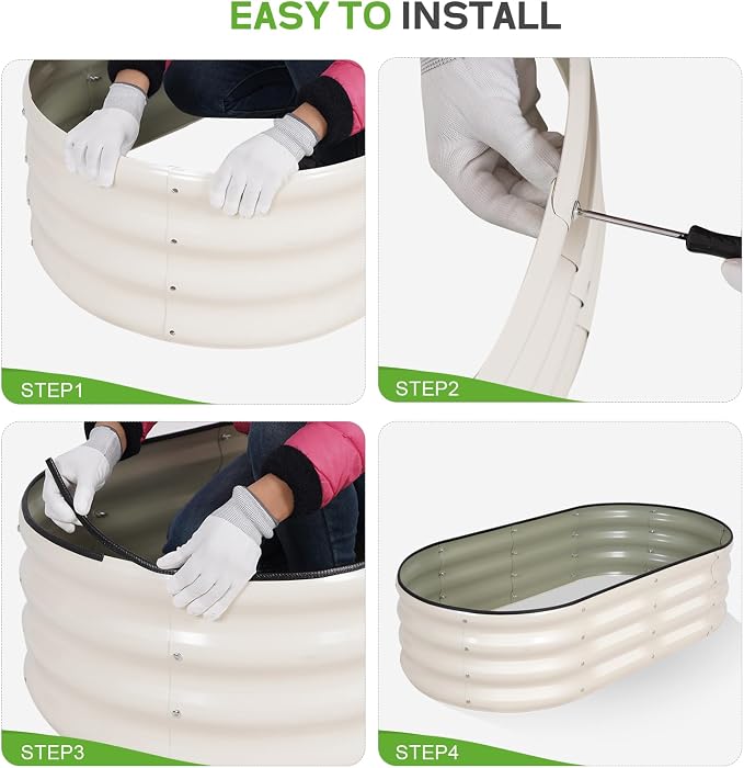 Galvanized Raised Garden Bed - 4×2×1ft (2 Packs) Planter Raised Beds for Gardening | Oval Metal Garden Planter Box with Safety Edging and Gloves for Vegetables Fruits and Flower (White)