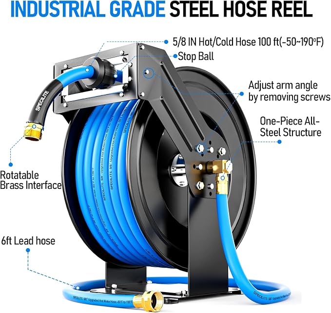 SPECILITE Retractable Hose Reel with 5/8'' Hot/Cold Garden Water Pipe 100ft, -50℉ -190℉, Heavy Duty Metal Wall Mount Spool, with 6ft Lead Hoses, Nozzle, 3/4'' Brass Fittings for Garage, Yard, Blue