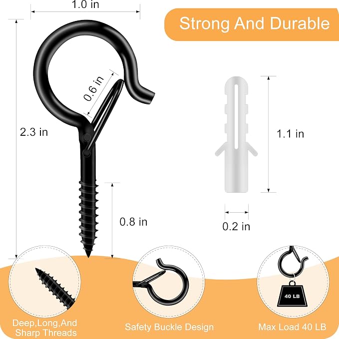 Black Screw Hooks with Safety Lock 2.3" Rustproof Metal Ceiling Hooks for Hanging Plants, Baskets,String Lights & Outdoor Decor, 40LB Capacity (50, Black)