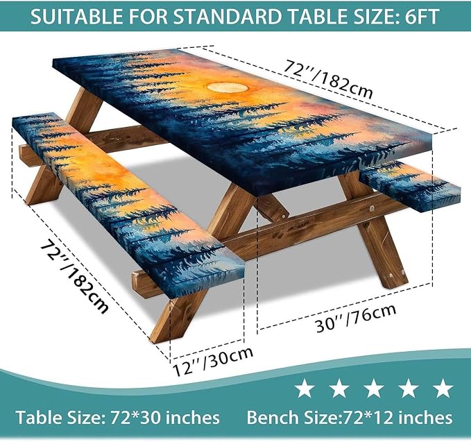 Picnic Table Cover with Bench Covers and Bag, Forest Sunset Camping Essentials Waterproof Windproof, Fitted Tablecloth Cover with Elastic Edge, for Indoor & Outdoor, Camping, 3 Pieces Set, 30x96 IN