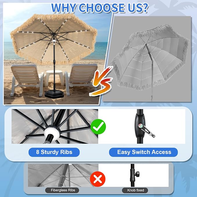 9FT Tiki Thatched Umbrella With Solar Lights for Outdoor Patio Poor Garden | 8 Steel Ribs,Zinc Alloy Push Button Tilt,UPF 50+,Strong Wind Resistance,9-12 hours of lighting,45°of tilt,Easy Set Up