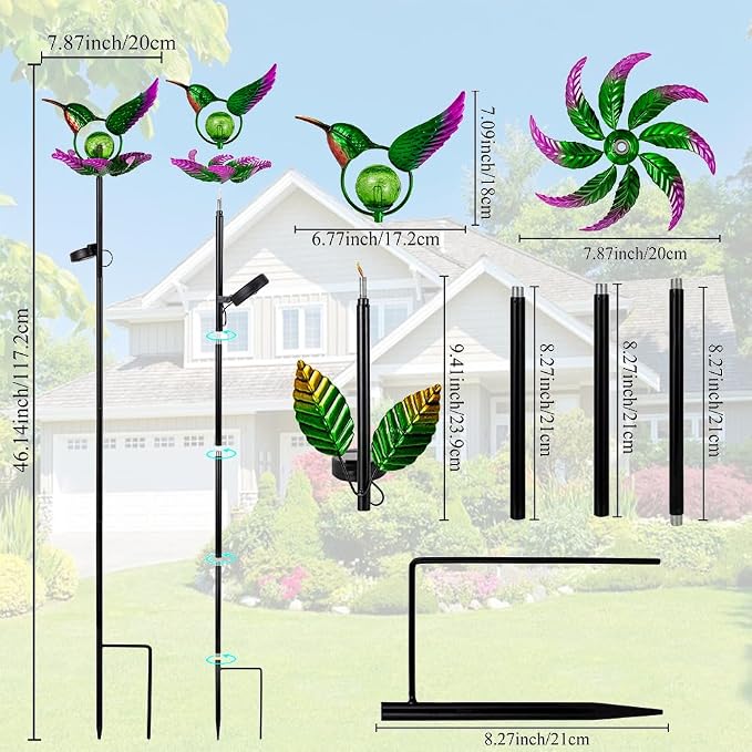 Solar Wind Spinners Outdoor,Green Hummingbird Garden Wind Spinner for Yard Art Lights,Waterproof LED Cracked Glass Ball Pinwheel for Outdoor Yard Lawn Patio Decorations