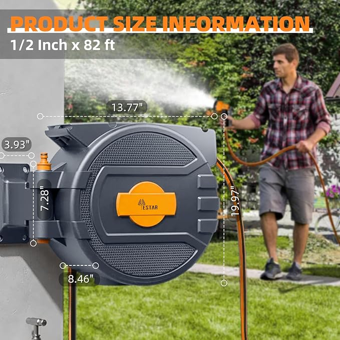 Retractable Garden Hose Reel 1/2 in x82 ft, Garden Water Hose Reel with 7- Function Sprayer Nozzle, Any Length Lock/Automatic Slow Return System,180° Swivel Bracket