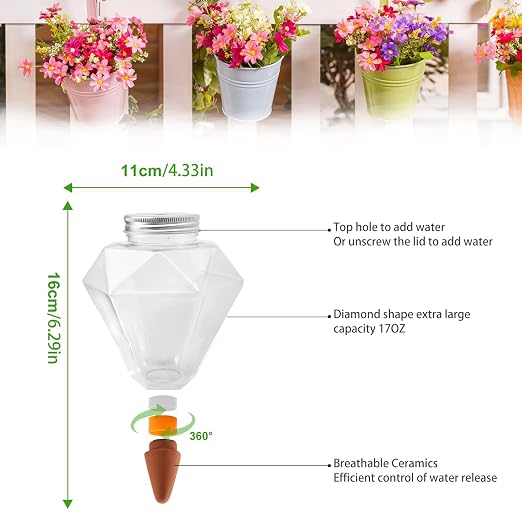 Watering Globes XL- 4 Pcs Diamond Plastic Shape Plant Watering Globes Self Watering Planter Insert 17oz Large for Indoor＆Outdoor Plants Watering Bulbs