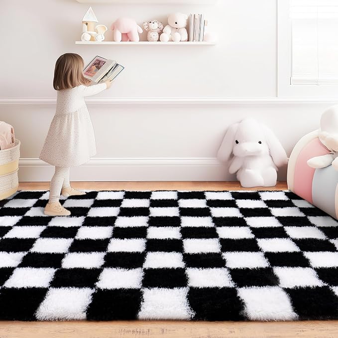 Black and White Checkered Rugs for Bedroom, Ultra Fluffy Fuzzy Shag Area Rug for Living Room 5x7, Modern Plush Soft Upgrade Non-Slip Carpet for Kids Girls and Boys Room Dorm Nursery Home Decor