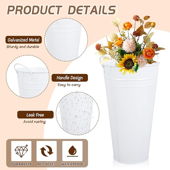 Flower Bucket for Flower Bar, 6 Pcs 10.2 Inch Metal Vases with Handles, Leak-Proof White French Buckets for Valentine's Day, edding Centerpieces, Baby Shower, Mother's Day, Farmhouse Rustic Home Decor