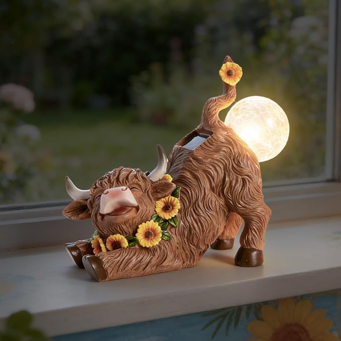 WDS WONDROUS Solar Highland Cow Outdoor Decor with LED Butt Light, Garden Cow Decorations for Home with Sunflowers, Resin Highland Cow Figurine Gifts for Women Yard Porch Decor Farmhouse Night Light