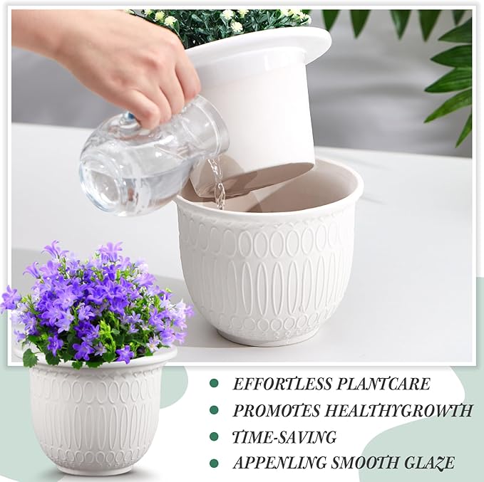 1 Set African Violet Pots Self Watering, 7 Inch White Ceramic Dolomite Clay, Easy Effortless Planter Pot for Indoor Plants Herbs Flowers Orchids Succulent, Ideal Gifts, Plant Not Included