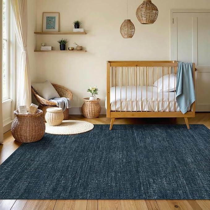 Garvee Modern Living Room Rugs 9x12 Dining Room Rugs for Under Table, Navy | Machine Washable Non Slip Solid Color Non Shedding Low Pile Stain Resistant Foldable Neutral Soft Rug for Bedroom Nursery