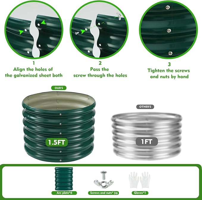 YSEJOMP 17" Tall Round Outdoor Garden Raised Garden Bed Kits-0.8MM Thick Metal Raised Planter Bed/Ground Planter Box for Variety of Flowers,Herbs,Vegetables,Trees (Dark Green, 24 Dia X 16.5 inches)