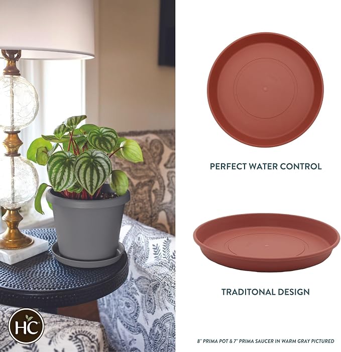 The HC Companies 12" Round Prima Plastic Plant Saucer - Indoor Outdoor Plant Trays for Pots - 12.4"x12.4"x1.5" in Clay