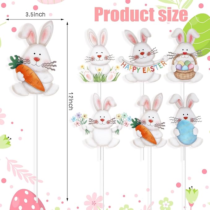 Pickmesh 6 Pcs 12" H Easter Yard Sign Metal Rabbits Yard Stake Bunny Barn Garden Stake Easter Decoration Outdoor for Planter Pot Spring Walkway Pathway Lawn Decor