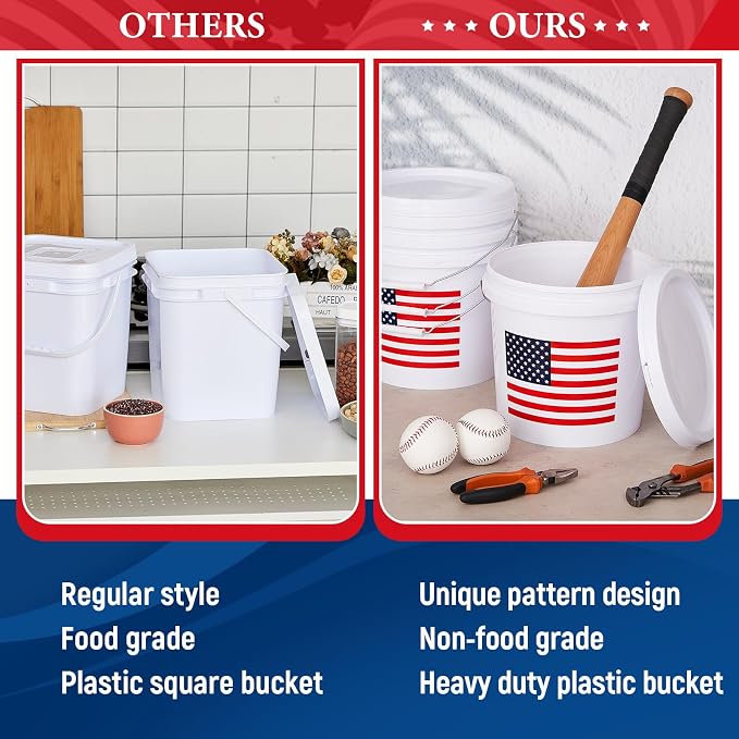 Threehoney 6 Pcs 2 Gallon Plastic Bucket with Lid and Handle, Large White Heavy Duty Bucket with American Flag for Home Gardening Tools Household Cleaning Baseballs Storage Container