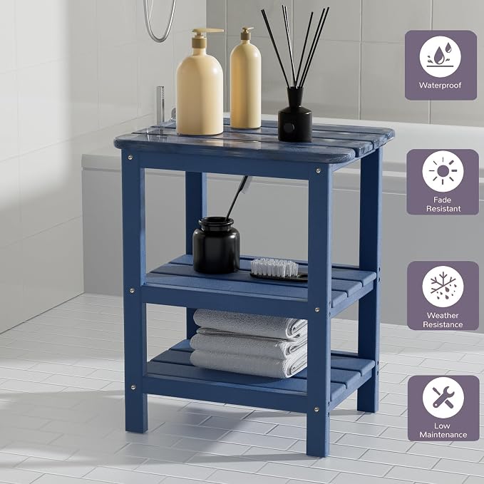 3 Tier Outdoor Side Table Adirondack Side Table HDPE End Table Patio Side Table Rectangle Tables for Outdoor Backyard Garden Balcony (Blue - No Wood Grain)