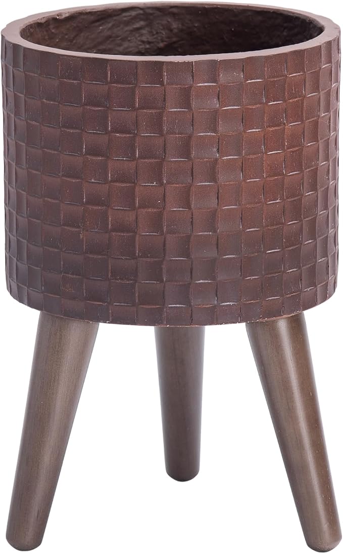 D'vine Dev 8 Inch Modern Geometric Tile Patterned Sleek Planter Pot with Stand, Indoor Outdoor Decorative Plant Holder, Espresso, 88-Z-A-6