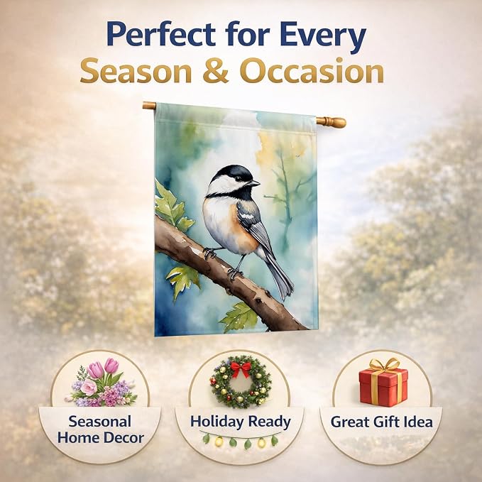 Caroline's Treasures Massachusetts Blackcapped Chickadee House Flag Large Porch Sleeve Pole Decorative Outside Yard Banner Artwork Wall Hanging, Polyester, House Size, Multicolor