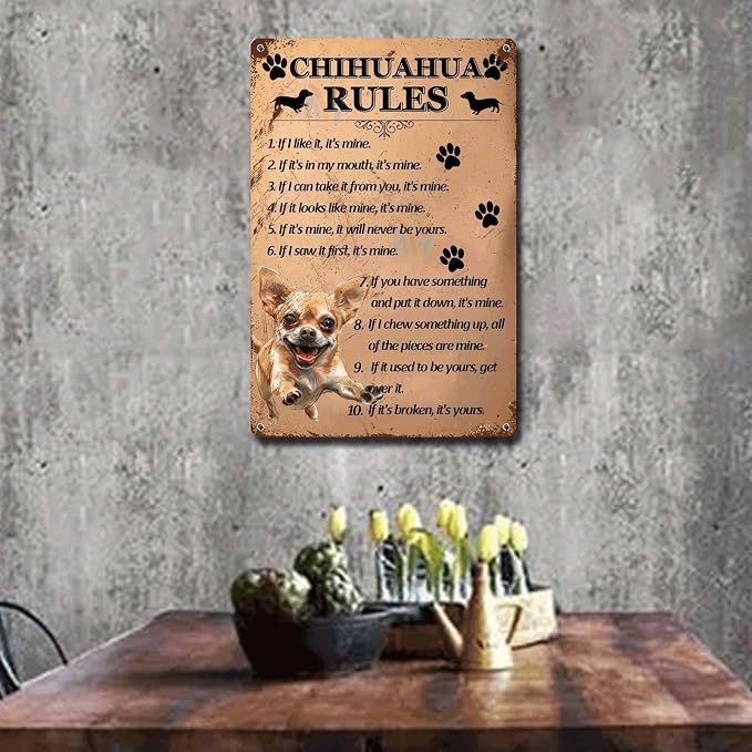 Metal Sign Tin Sign Vintage Wall Art Chihuahu Rules Tin Sign for Room 12×16 Inches