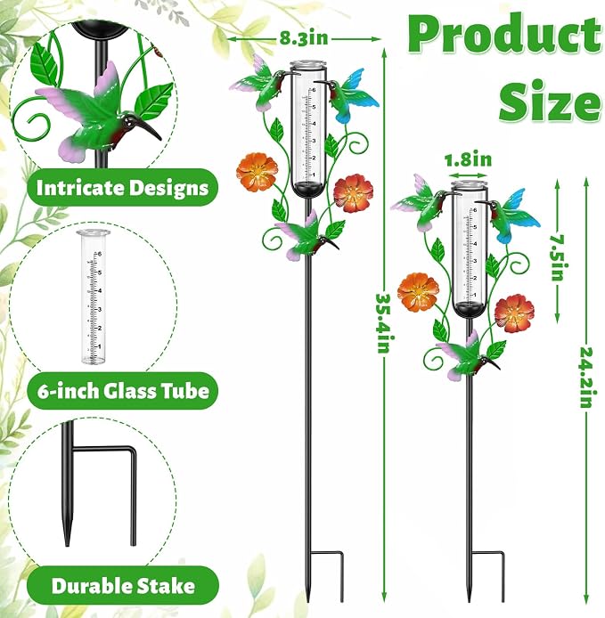 35.4” Hummingbird Rain Gauge Outdoor, Metal Rain Gauges Stake with 6“ Glass Tube, Decorative Rain Gauges for Yard Garden Lawn for Precipitation Measurement