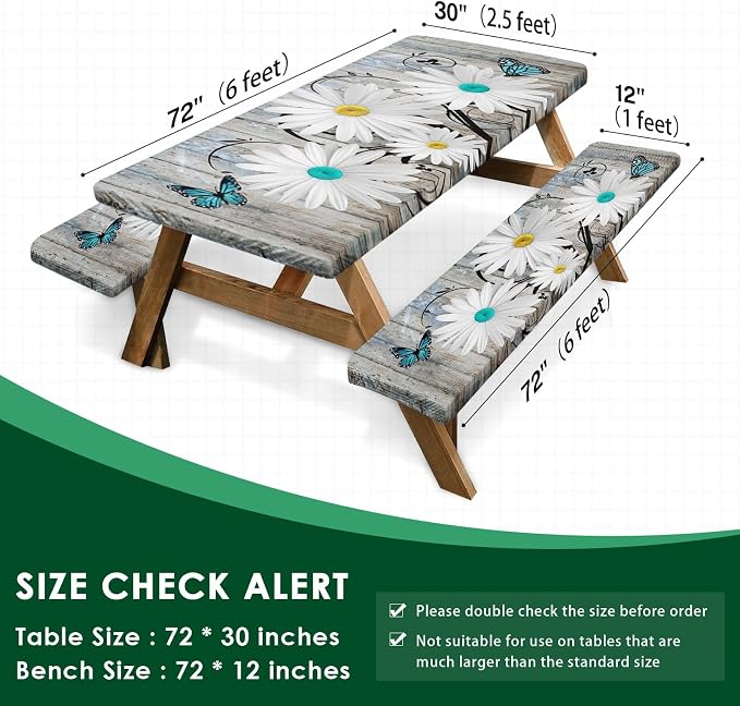 Daisy Flowers Butterfly Picnic Table Cover with Bench Covers, Wooden Vintage Farmhouse Outdoor Camping Essentials 6FT 3PCS Fitted Rectangle RV Must Haves Tablecloth with Drawstring Bag