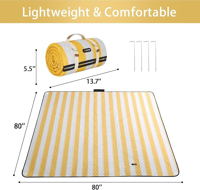 HX&OD Outdoor Picnic Blanket Extra Large, 80''*80'' Waterproof Picnic Mat with Stakes Foldable Camping Blanket Portable with Carry Strap for Beach Mat (Yellow& White, 80''*80'')
